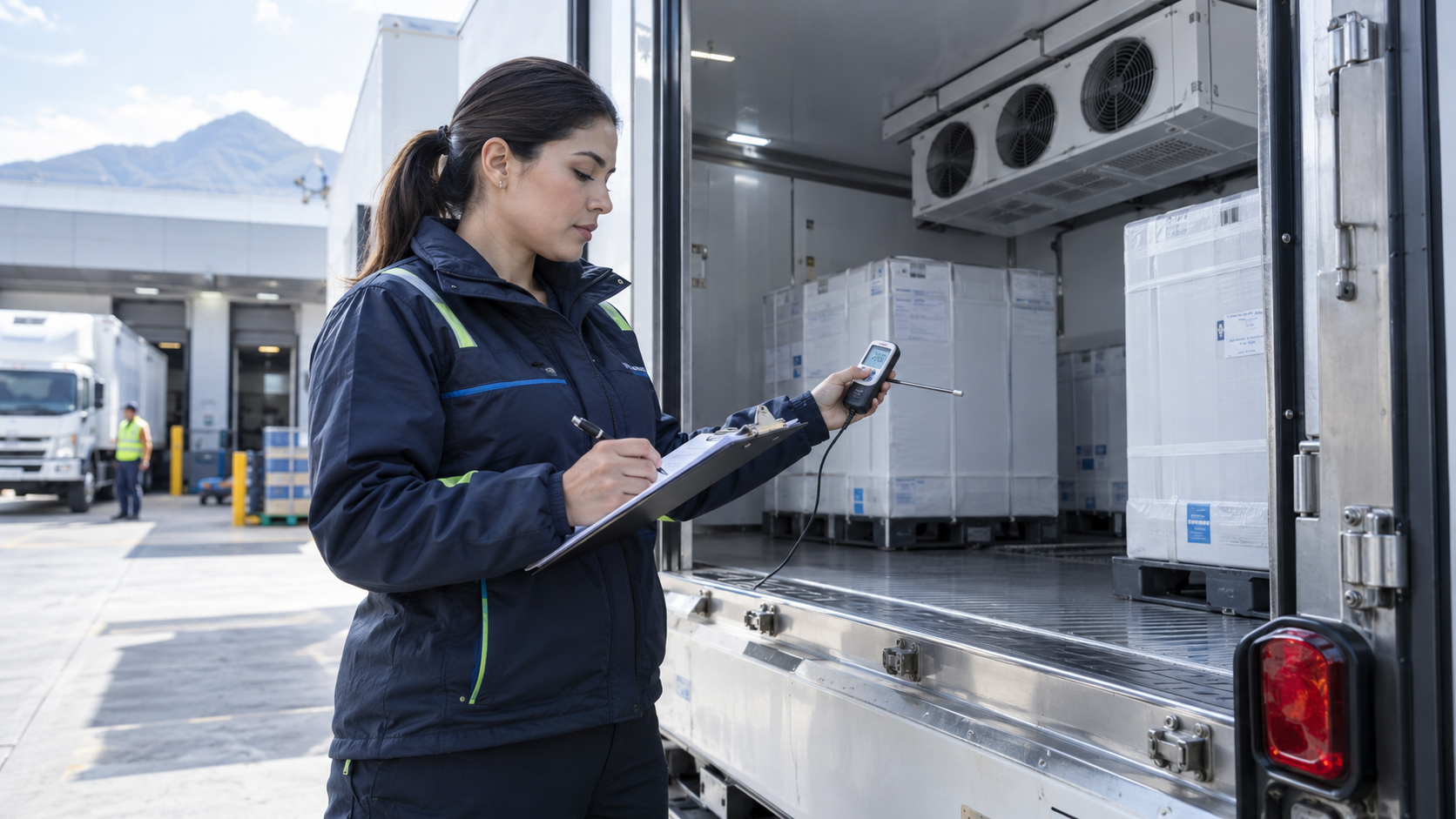 Inspector de calidad revisando una unidad refrigerada y registrando resultados en una bitácora